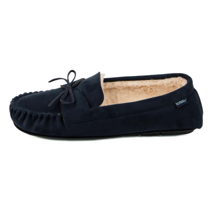 totes Mens Suedette Moccasin Slippers With Faux Fur Lining Navy