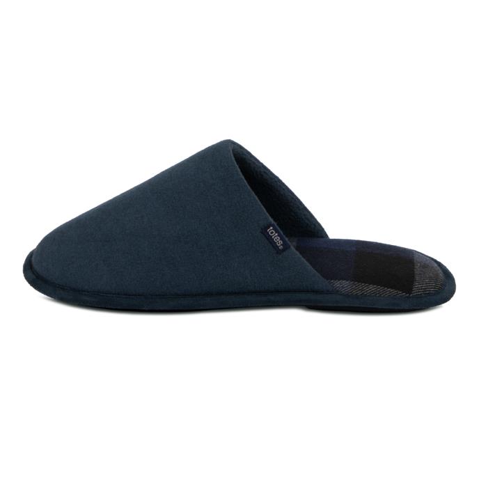 totes Mens Jersey Mule Slippers With Check Lining Navy