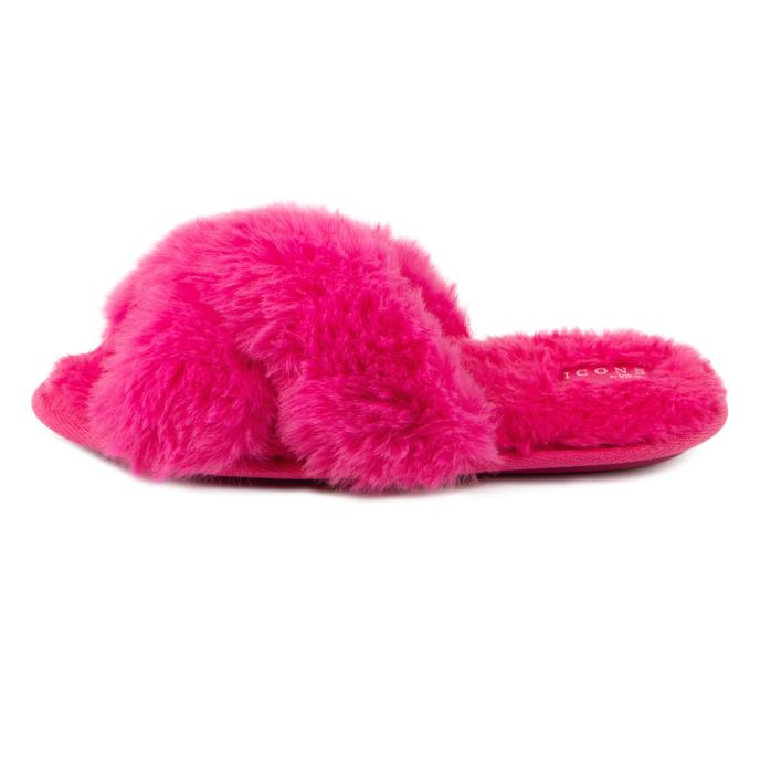 totes Ladies Icons Plush Faux Fur Cross Over Sliders Bright Pink
