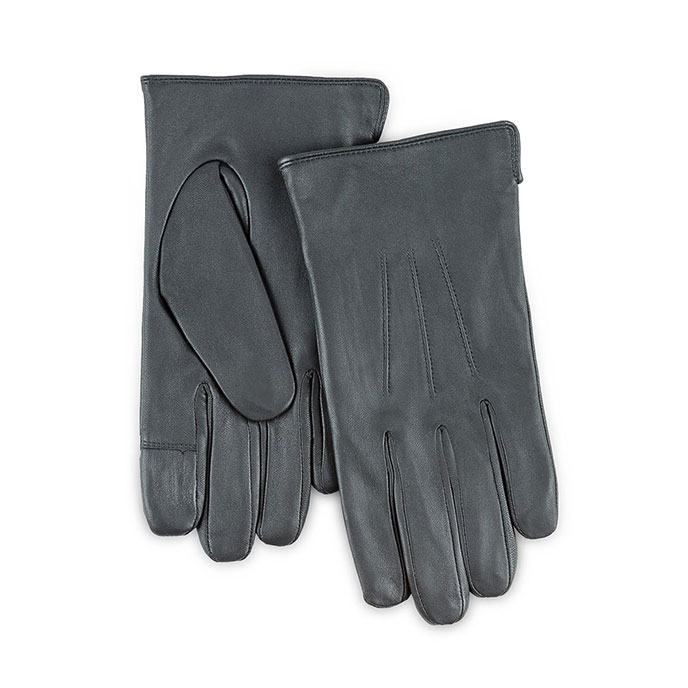 Isotoner Mens Smartouch Water Repellent 3 Point Leather Gloves  Grey