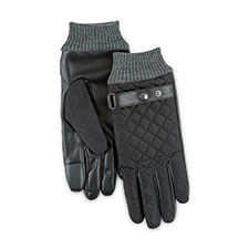 Isotoner Mens Smartouch Quilted Gloves with Rib Cuff &amp; Leather Strap  Black