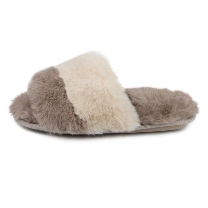 totes Ladies Faux Fur Contrast Stripe Slider Slippers Natural