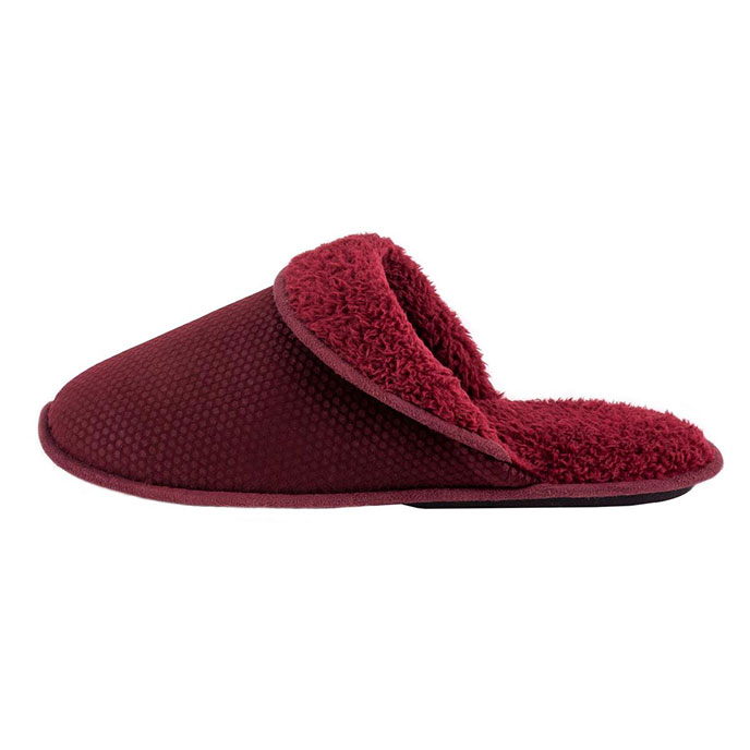 totes Mens Sherpa Cuff Velour Mule Slipper Burgundy