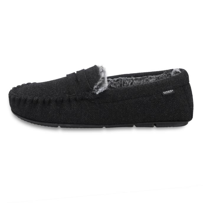 totes toasties® Mens Soft Herringbone Moccasin Slipper Charcoal