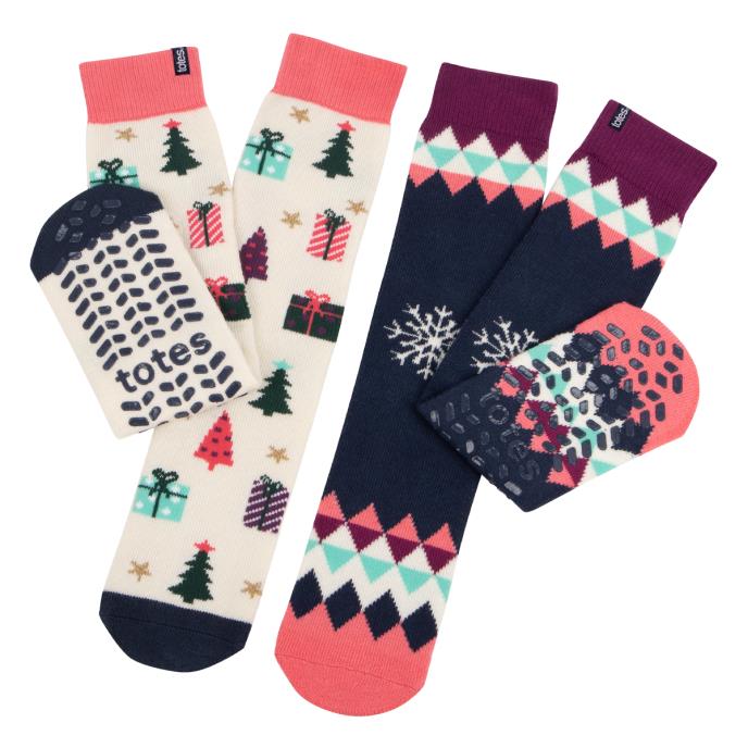totes toasties Ladies Original Slipper Socks (Twin Pack) Festive