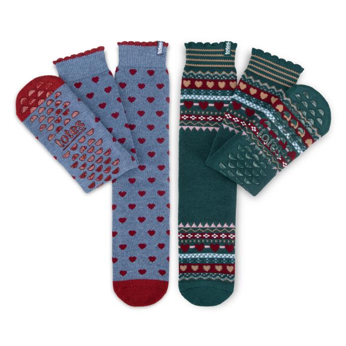 totes toasties® Ladies Original Slipper Socks (Twin Pack) Heart Fairisle