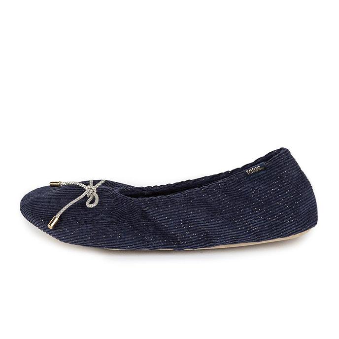 totes Ladies Stretch Velour Ballet Slipper with Bow Navy