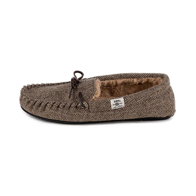totes Mens Wool Check Moccasin Slipper Brown