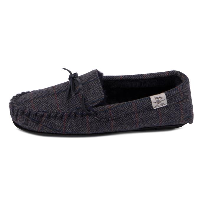 totes Mens Wool Blend Herringbone Moccasin Slippers Navy