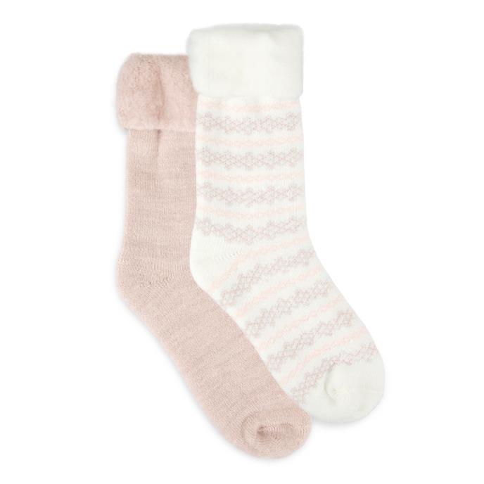totes toasties® Ladies Premium Brushed Thermal Bed Sock (Twin Pack) Cream / Pink