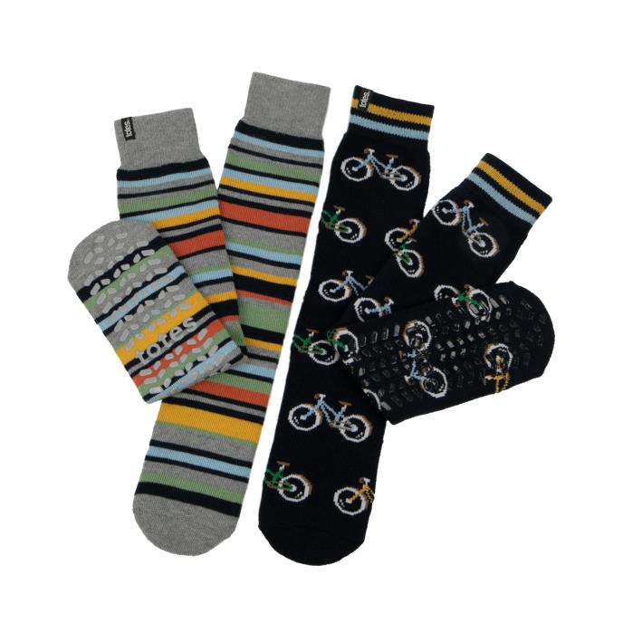 totes toasties Mens Original Slipper Socks (Twin Pack) Bike / Stripe