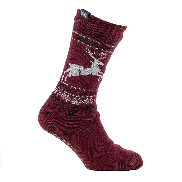 totes toasties Mens Fairisle Stag Slipper Sock with Sherpa Lining Burgundy