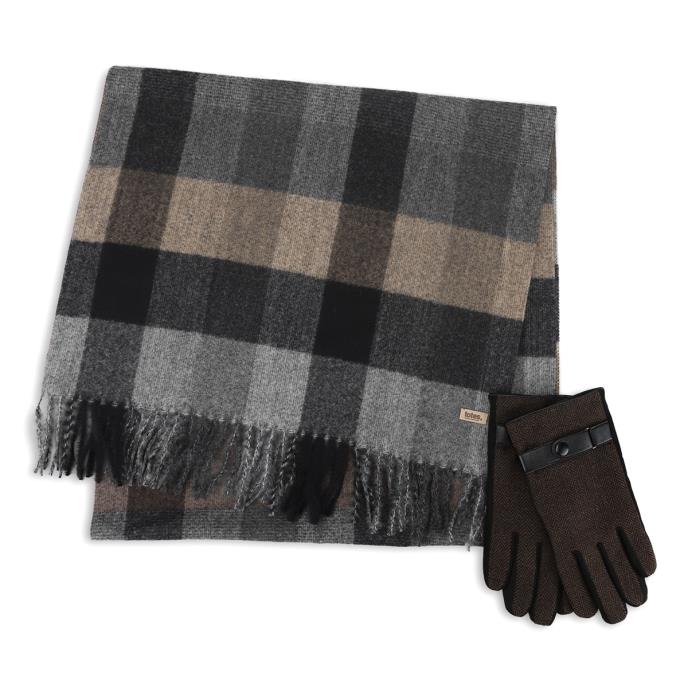 totes toasties® Mens Woven Check Scarf &amp; Herringbone Gloves Set Brown / Grey 