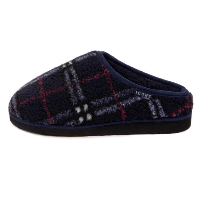totes Mens Icons Borg Check Mule Slippers With EVA Sole Navy Check