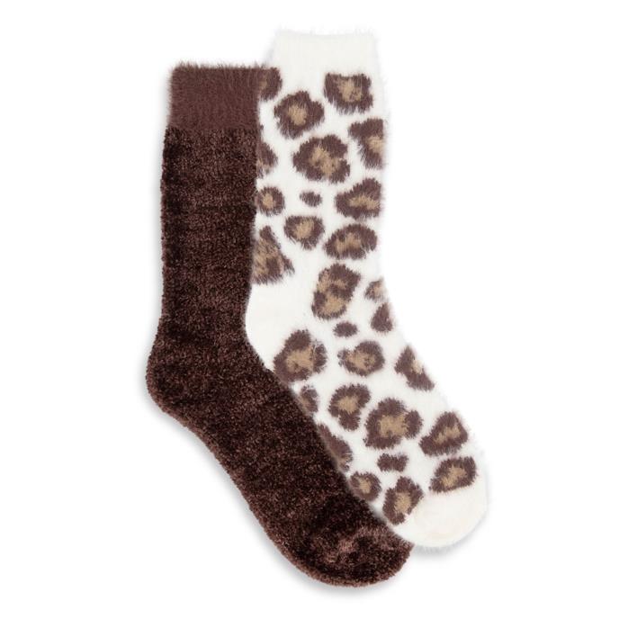 totes toasties® Ladies Super Soft Bed Socks (Twin Pack) Brown / Leopard