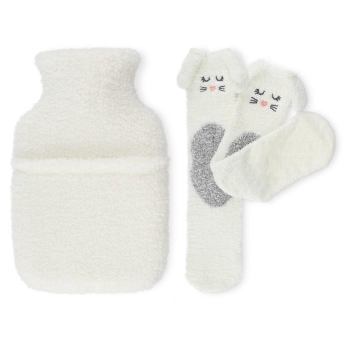 totes Faux Fur Hot Water Bottle with Cosy Sock Gift Set Cream