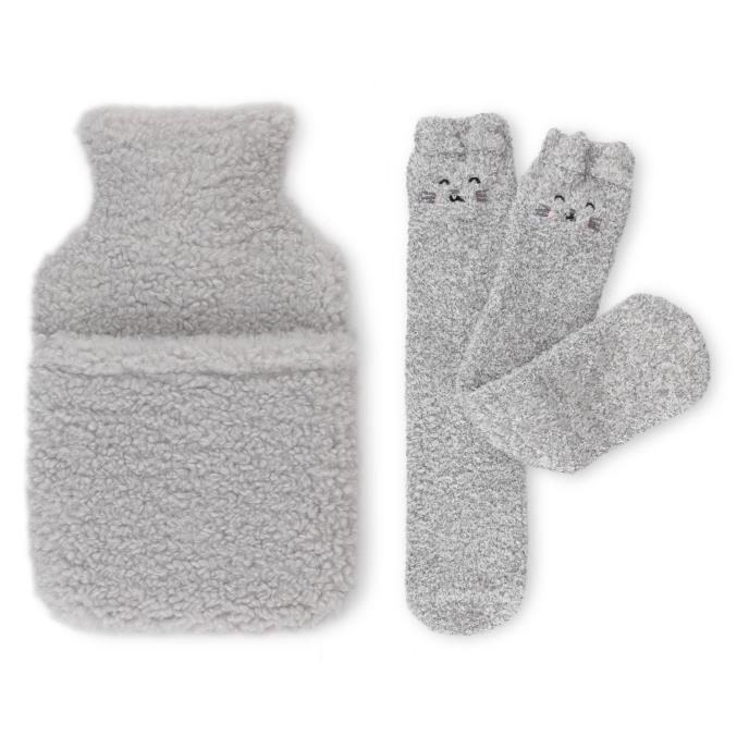 totes Faux Fur Hot Water Bottle with Cosy Sock Gift Set Grey