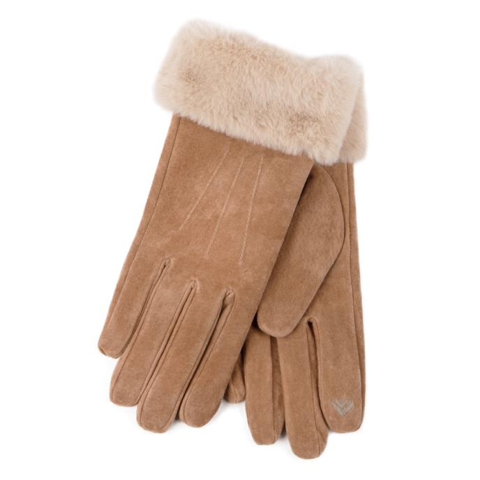 Isotoner&#174; Ladies Three Point Suede SmarTouch Gloves With Faux Fur Cuff Tan