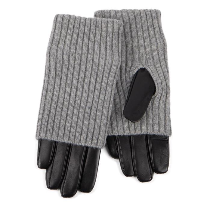 Isotoner Ladies Smartouch Leather Glove With Overlay Knit Trim Black