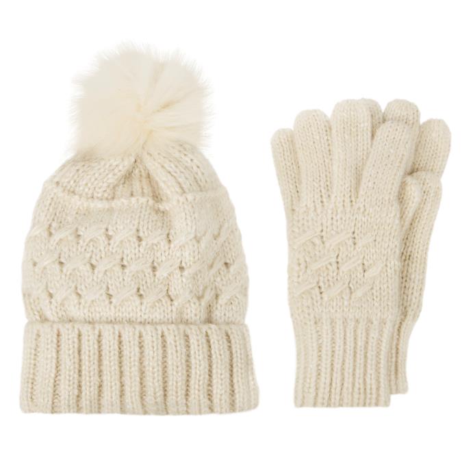 totes Ladies Cable Hat &amp; Glove Gift Set Oat