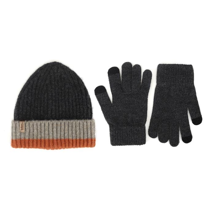 totes toasties® Mens Knitted Stripe Hat &amp; Glove Set Charcoal Mix
