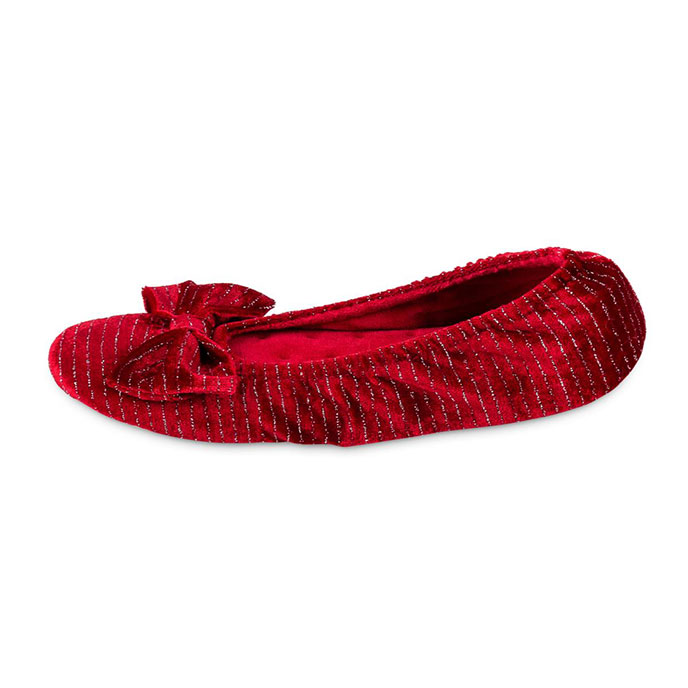 Isotoner Ladies Sparkle Velour Big Bow Ballet Slippers Red Sparkle