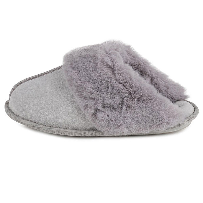 Isotoner Ladies Real Suede Mule with Fur Cuff Grey