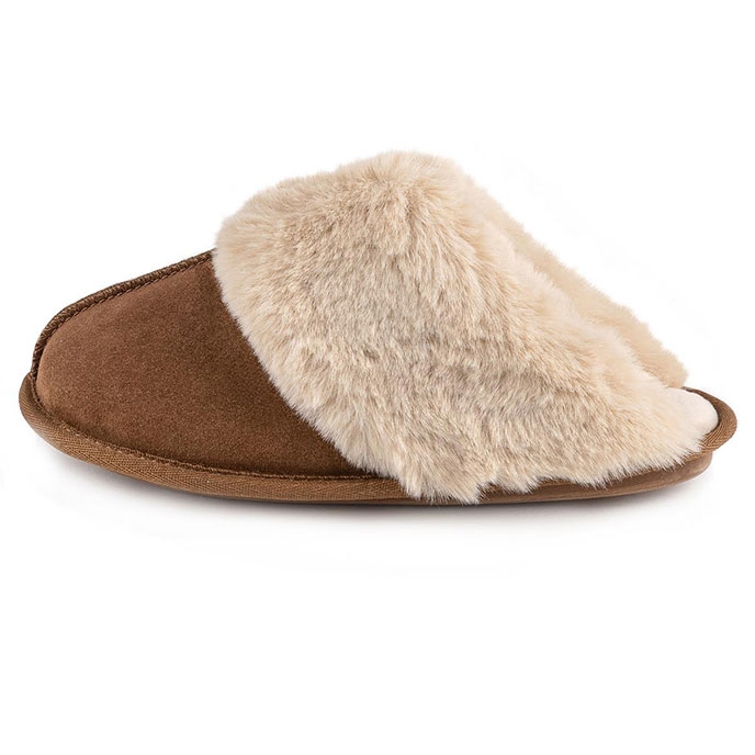 Isotoner Ladies Real Suede Mule with Fur Cuff Tan