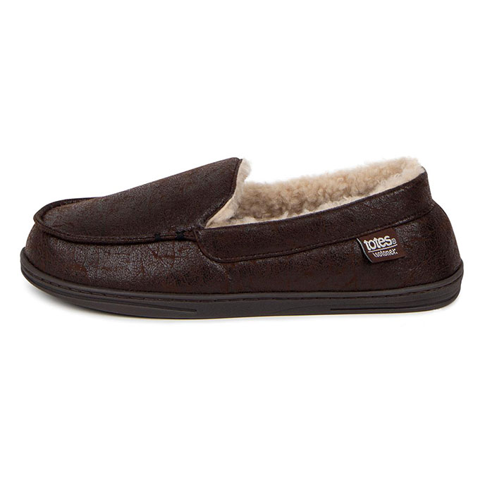 Isotoner Mens Distressed Moccasin With Check Sock Slipper Brown