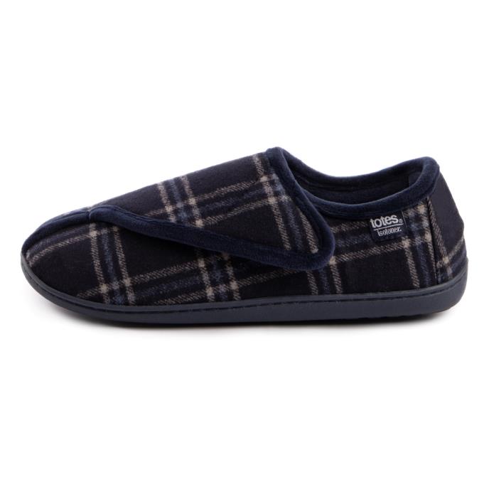 Isotoner Mens Velour Closed Back Slipper With Velcro Opening Navy Check