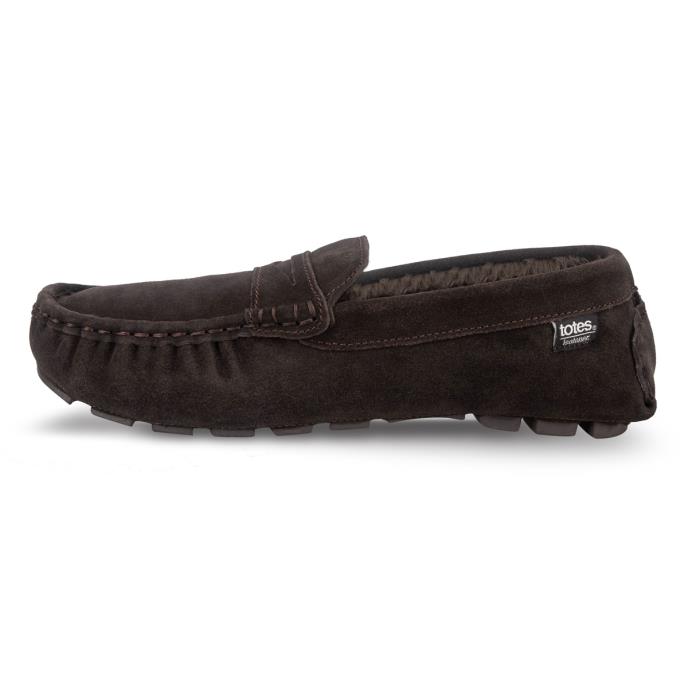 Isotoner® Mens Fur Lined Suede Moccasin Slipper Brown