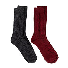 totes Mens Twin Pack Cable Knit Wool Blend Sock Burgundy / Charcoal
