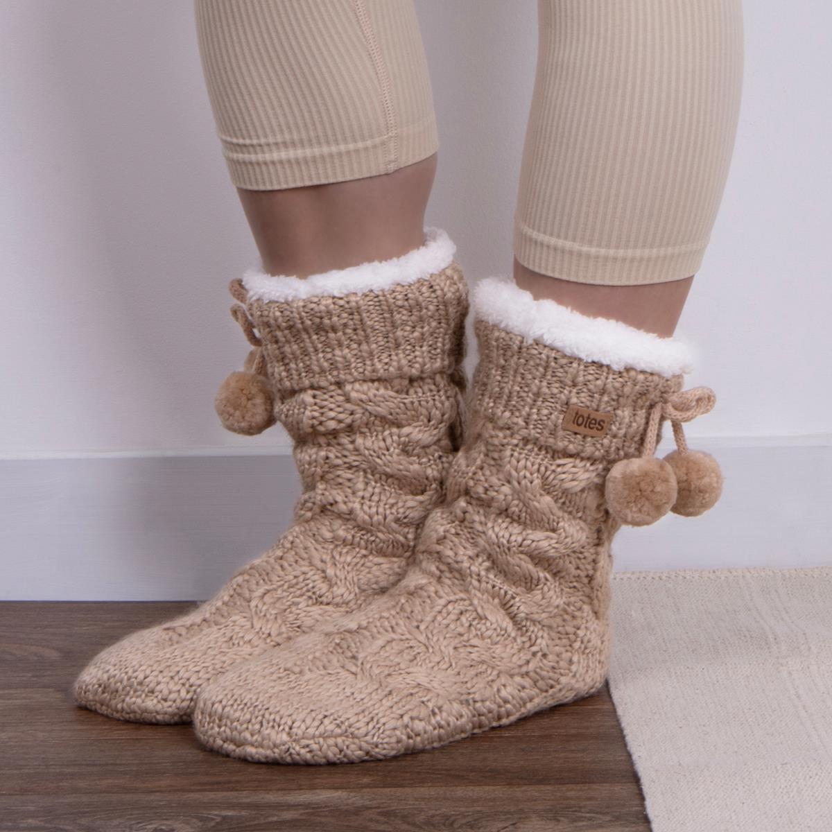 totes Ladies Chunky Knit Slipper Socks Oat totes ISOTONER