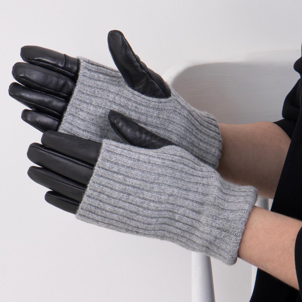Isotoner Ladies Smartouch Leather Glove With Overlay Knit Trim totes ISOTONER