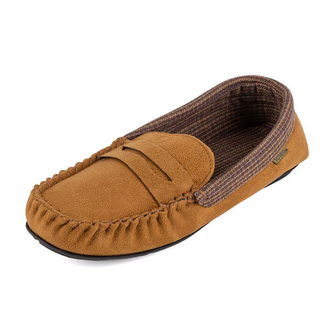 totes Mens Suedette Moccasin Slipper with Check Lining Biscuit Extra Image 2