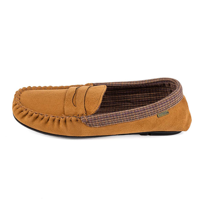 totes Mens Suedette Moccasin Slipper with Check Lining Biscuit Extra Image 3