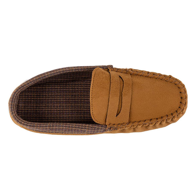 totes Mens Suedette Moccasin Slipper with Check Lining Biscuit Extra Image 4