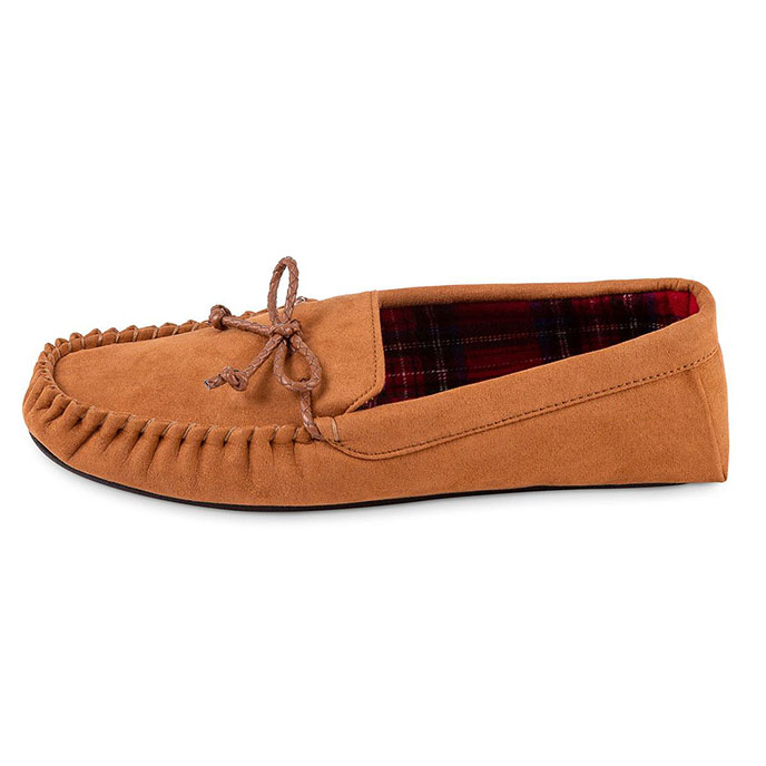 totes Mens Check Lined Suedette Moccasin Slippers Chestnut Check