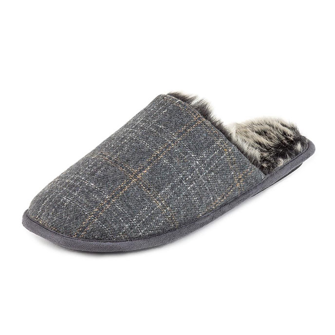 totes Mens Fur Lined Check Mule Slippers Grey Check Extra Image 2