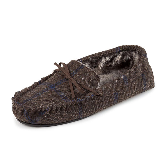 totes Mens Fur Lined Check Moccasin Slippers Brown Check Extra Image 2
