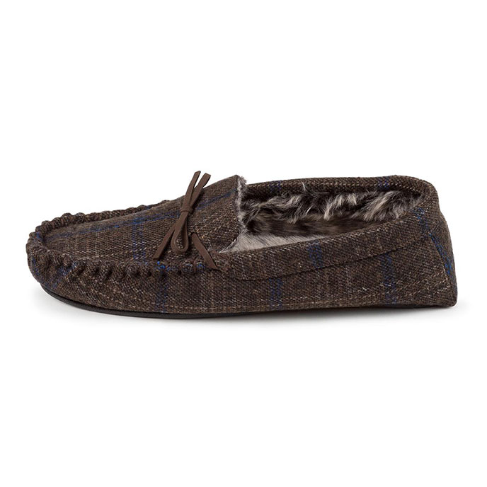 totes Mens Fur Lined Check Moccasin Slippers Brown Check Extra Image 3