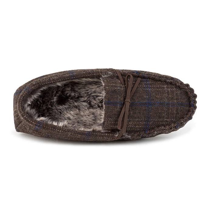 totes Mens Fur Lined Check Moccasin Slippers Brown Check Extra Image 4