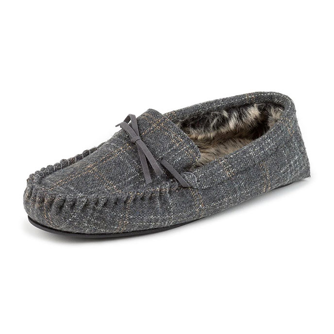 totes Mens Fur Lined Check Moccasin Slippers Grey Check Extra Image 2