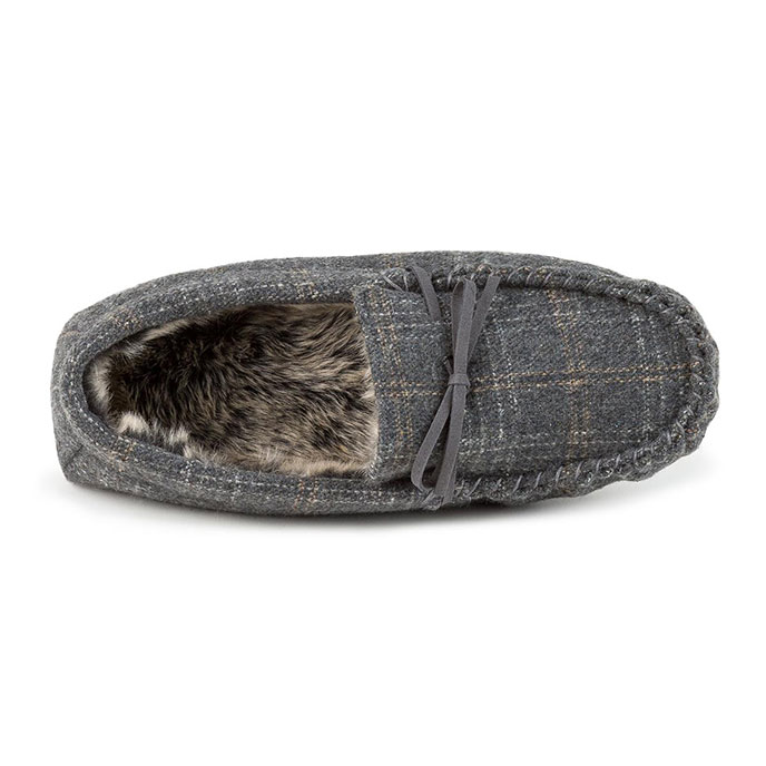 totes Mens Fur Lined Check Moccasin Slippers Grey Check Extra Image 4