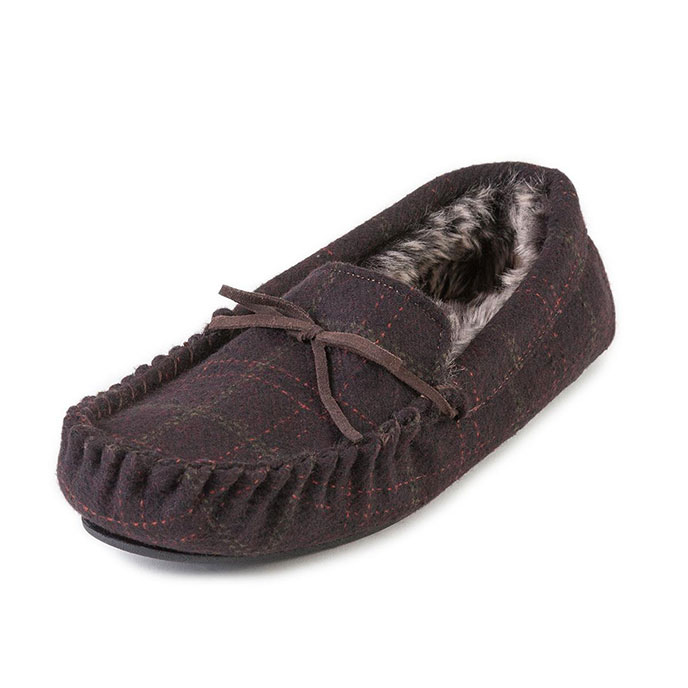 totes Mens Fur Lined Check Moccasin Slippers Brown Extra Image 2