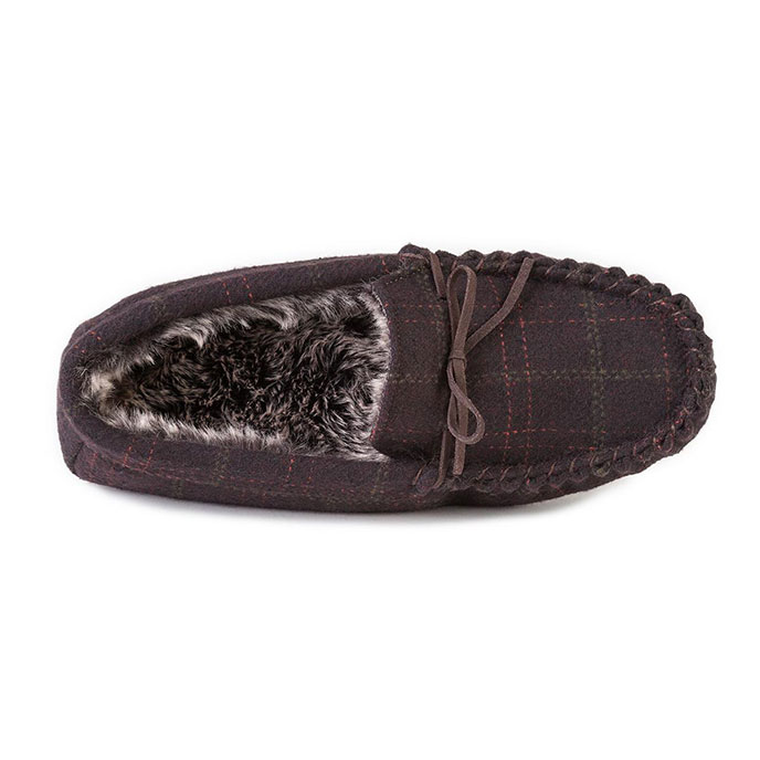 totes Mens Fur Lined Check Moccasin Slippers Brown Extra Image 4