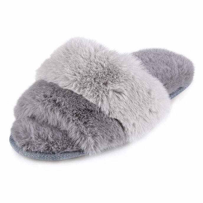 totes Ladies Faux Fur Contrast Stripe Slider Slipper Grey Extra Image 2