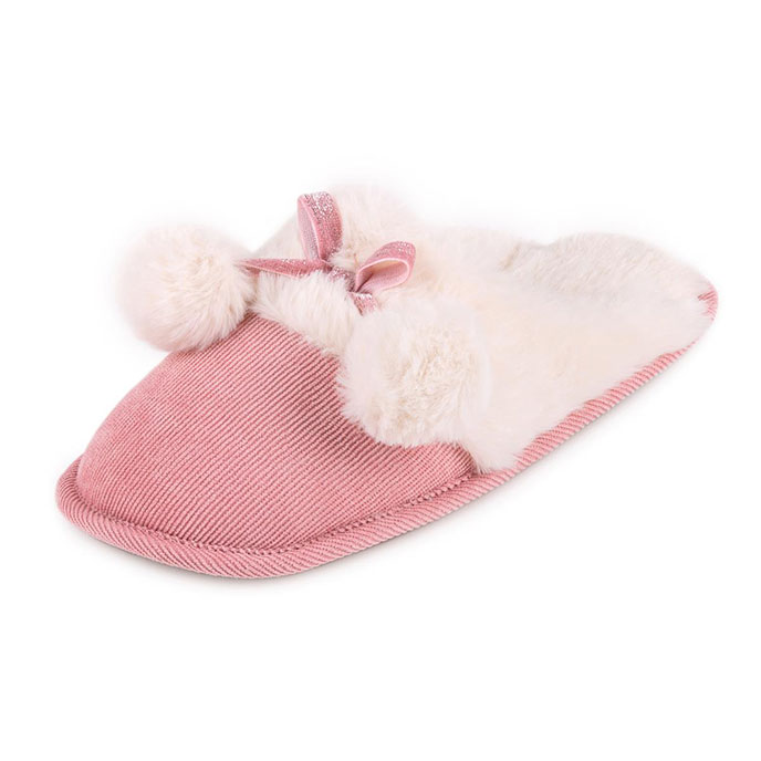 totes Ladies Cord Faux fur Lined Mule Slipper Pink Extra Image 2
