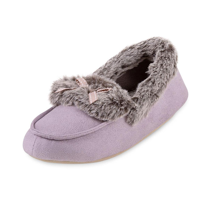 totes Ladies Suedette Fur Moccasin Slipper Lilac Extra Image 2