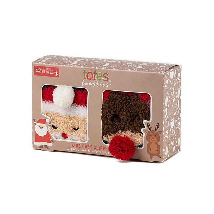 totes Kids Super Soft Slipper-Sox (Twin Pack) Santa/Reindeer Extra Image 3